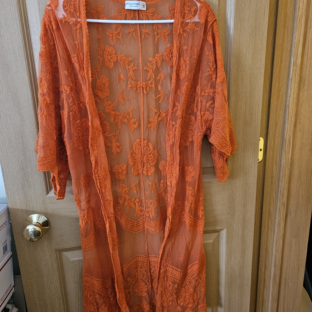 Style Apperal Orange Sheer Embroidered Kimono